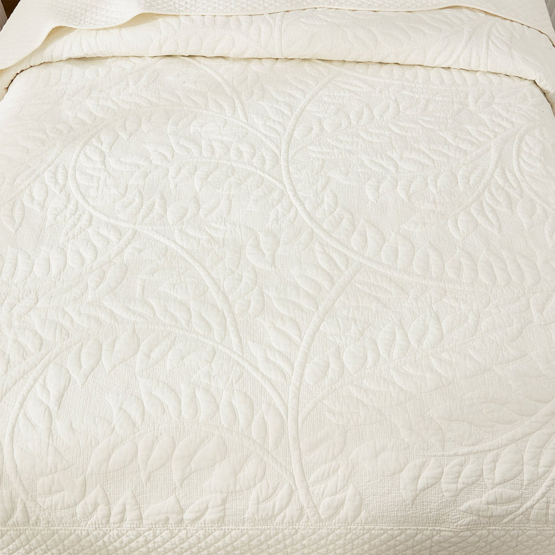 Soft White Twin Cotton Floral Quilt and Sham Set