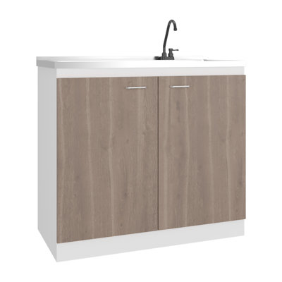 Napoles Utility Sink With Faucet Inclued And Integrated Stainless Steel Counter Top, Freestanding Cabinet With Two Doors, Metal Handles And Two Interior Shelves, Light Espresso
