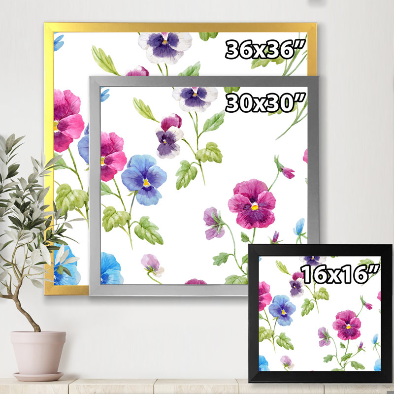 «Pink and Blue Pansy Flowers II», reproduction sur toile, H 30 po x l 30 po x 1,5 po, Toile avec cadre noir