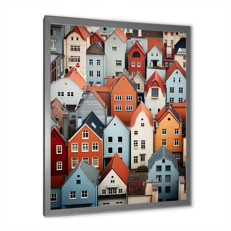 Kohlston " Denmark Scarlet Roofs Collage II ", 20" H x 12" W x 1" D, Gray Picture Framed