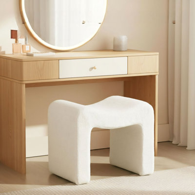 Modern Minimalist Teddy Bear Plush Backless Footstool, White Small Vanity Chair, Multi-Purpose For Dressing Room, Living Room, Bedroom, And Entryway. by Mercer41