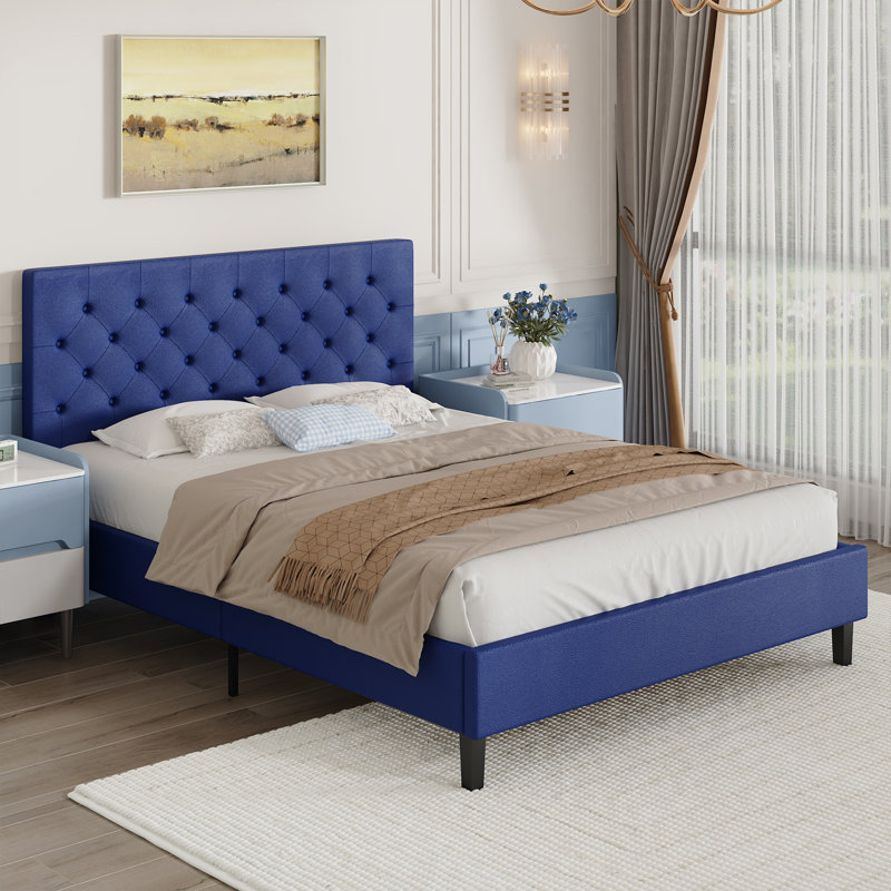 Structure de lit avec tête de lit, lit plateforme tapissier avec capitonnage à boutons Desigh, Bleu, Lit double