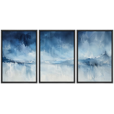 Deep Navy And Ice Blue Atmospheric Wave Abstract Artwork, Bedroom Pictures, Framed Canvas Giclee Print 3 Pieces Wall Art - 16"x24"x3pcs