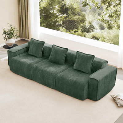 Canapé modulaire à 3 places avec passepoil à bordure française, sans assemblage requis, tissu de velours moderne vert