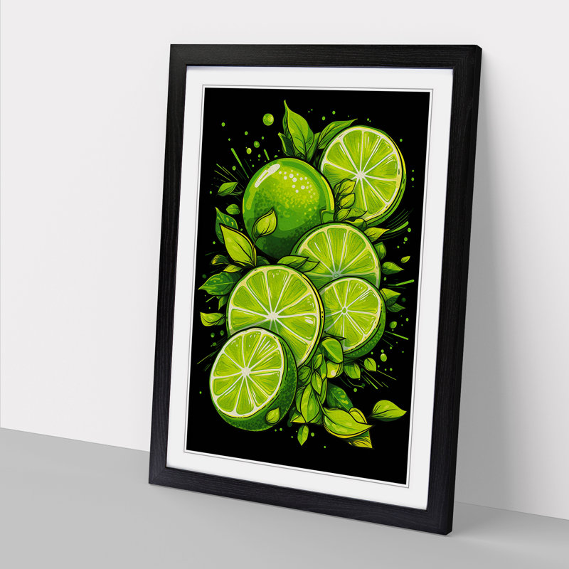 Lime Fruit Line 1 Piece Single Picture Frame Wall Art, 64cm H x 46cm W x 2cm D, Black Framed
