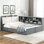 Lit plateforme double en bois gris avec tête de lit, tablettes, 2 tiroirs de qualité supérieure - Pin + fiabilité à long terme