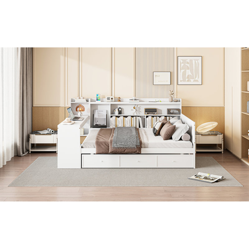 Lit de jour pleine grandeur en bois blanc - 3 tiroirs et bureau pour une chambre fonctionnelle avec ports blancs, Lit double