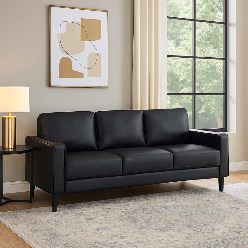 Rumi Sofa, Faux Leather, Modern Track Arms, Foam Cushions, 77 Inch, Rumi Black Faux Leather