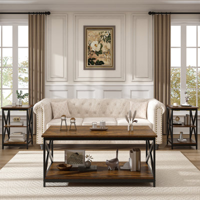 17 Stories Living Room Coffee Table Set of 3, Industrial Triangular-Design Coffee Table and 2 End Side Tables, 3 Piece Living Room Table Set with Stor by 17 Stories