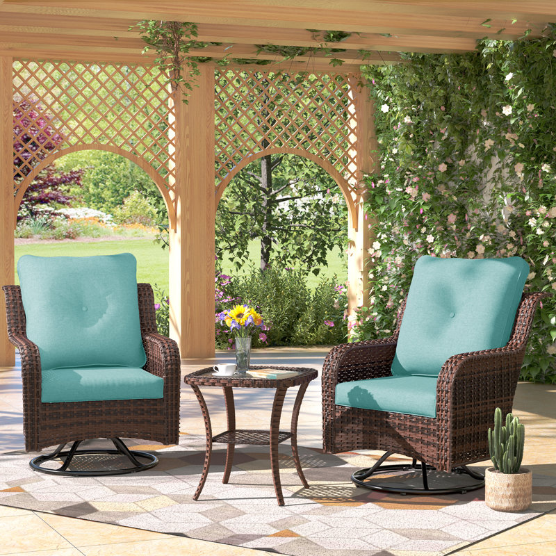 2-Person Wicker Swivel Rocker Seating Group With Cushions Wide Seat, Light Blue/Brown
