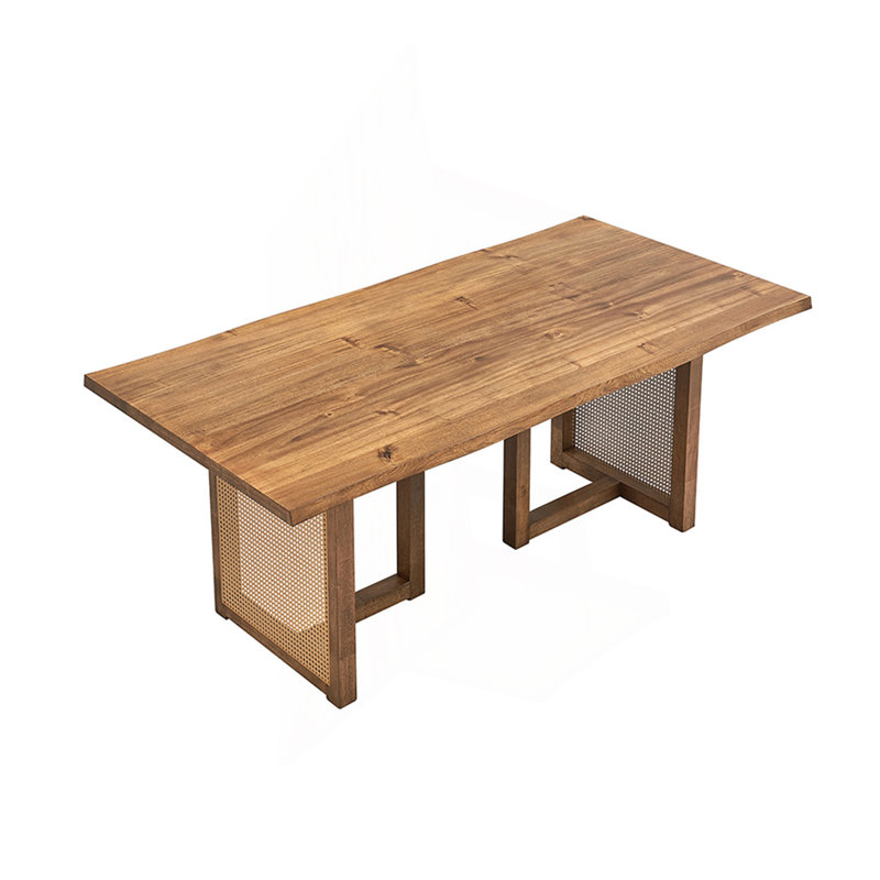 Table de salle à manger de 70,87 pouces à vagues rectangulaires, table de salle à manger en bois pour 6 personnes, grande table de cuisine moderne Mid-Century pour le salon, table de salle à manger bohème avec tissage en rotin pour restaurant, bureau, chêne