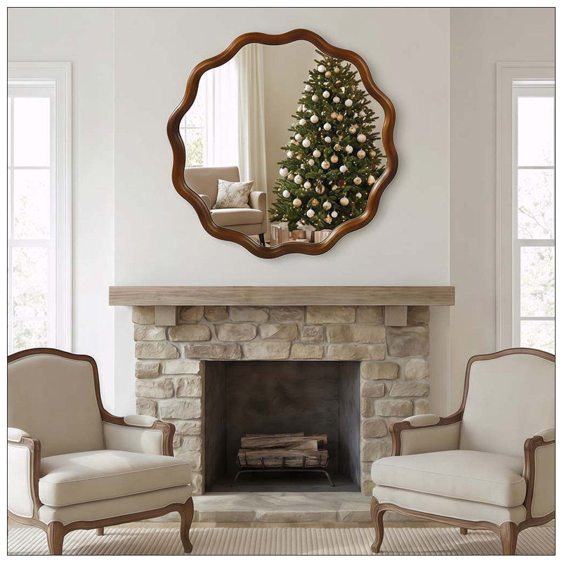 Wavy Round Solid Wood Frame Decorative Mirror, 36 inch, Black + Dark Walnut