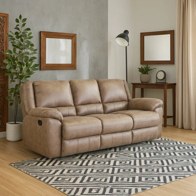 Jem Sofa With Drop Down Table, Light Brown Faux Leather, 87 Inch