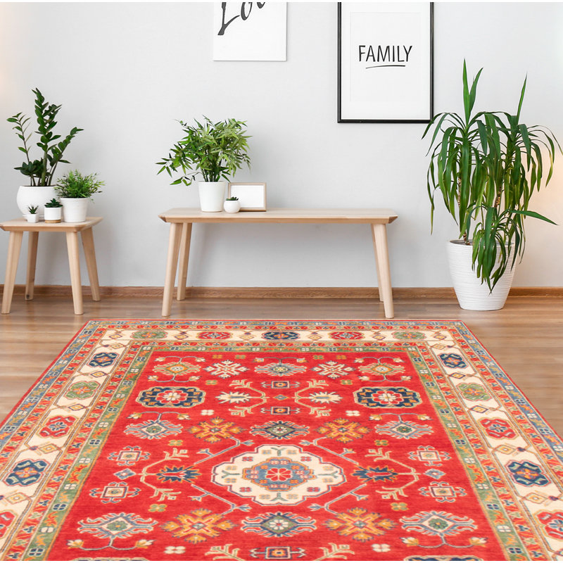 Tapis rouge / jaune en laine noué à la main de conception unique 6 pi 3 po x 9 pi New Age Okla
