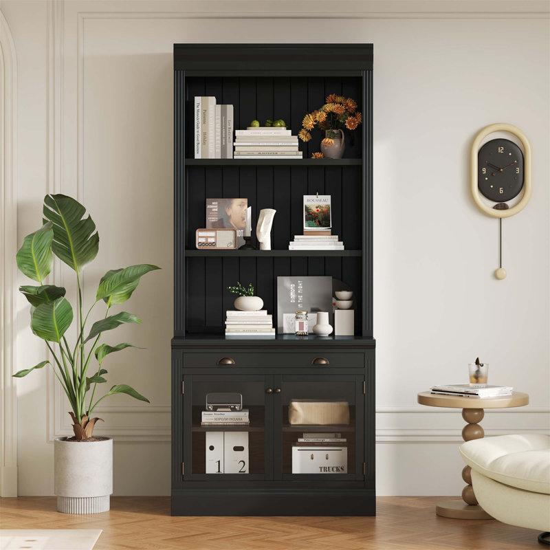 Bibliothèque de rangement de 83,4 po de hauteur avec 2 portes en verre, 1 tiroir et compartiments ouverts - Vitrine contemporaine pour la maison