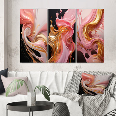 «Whimsical Lquid» rose et or Glam Art III - formes abstraites, ensemble de 3 pièces