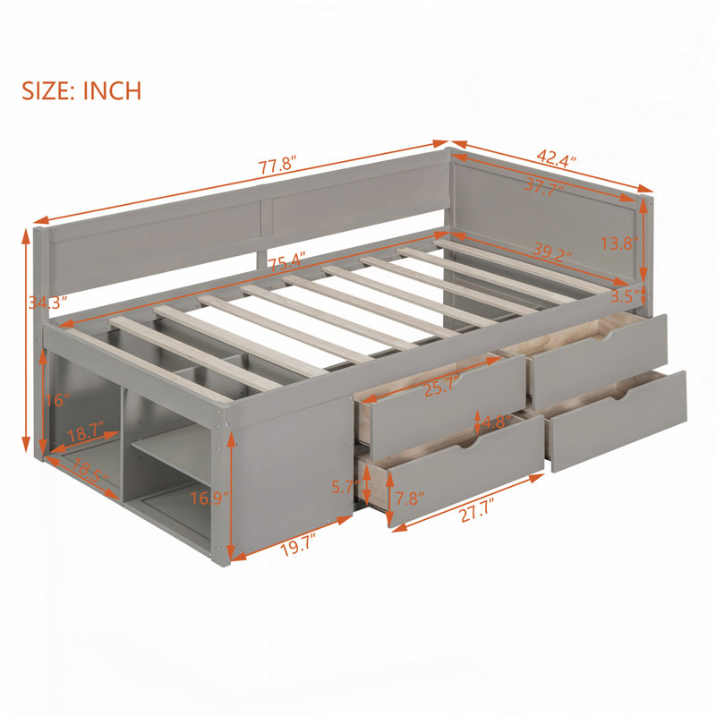 Lit de jour avec tiroirs et tablettes, Gris, Lit simple
