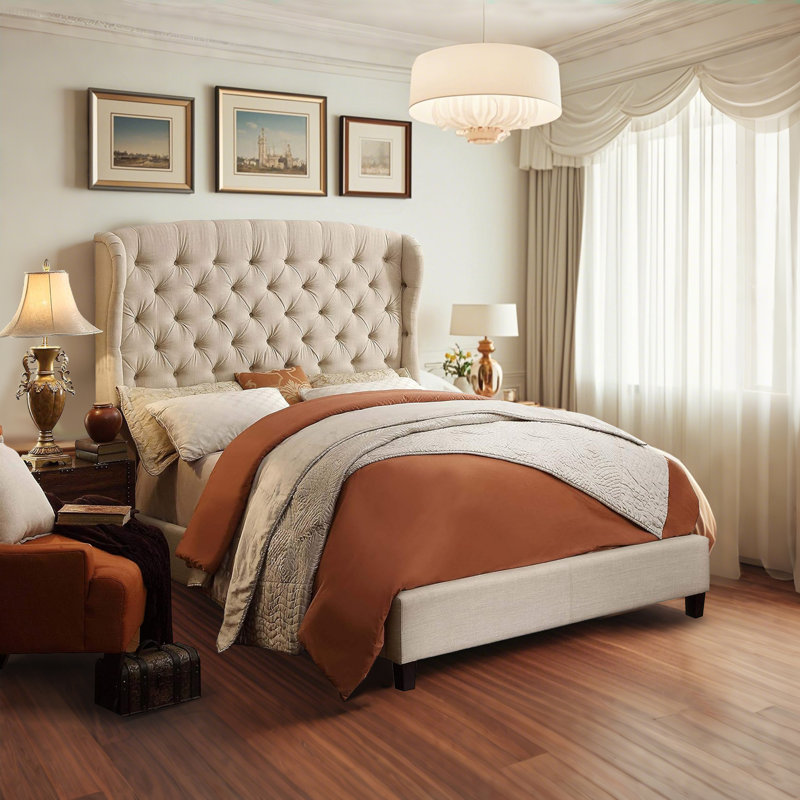 Linen Fabric Upholstered Bed,Tufted Headboard Adjustable Height Bed Frame, Beige, Full