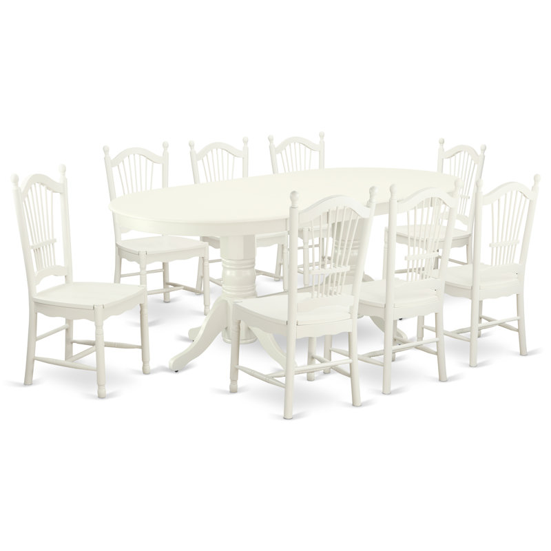 9 Piece Dining Room Table Set Includes an Oval Wooden Table with Butterfly Leaf and 8 Kitchen Dining Chairs, Linen White, 9
