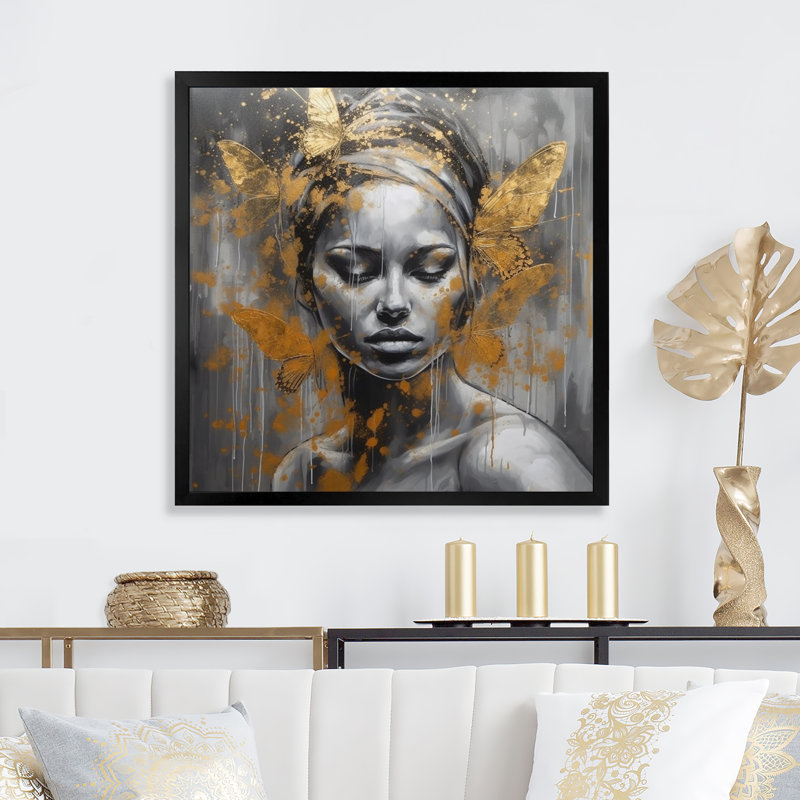 Flying Butterflys In Gold, reproduction d'art sur toile, Cadre noir, H 16 po x l 16 po x P 1 po