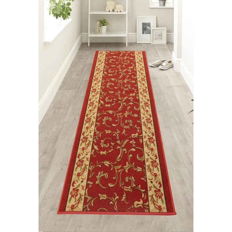 Custom Size Washable Non-Slip French Veronica Floral Red Design Low Pile Hallway Runner Rugs, Runner 3' x 41'