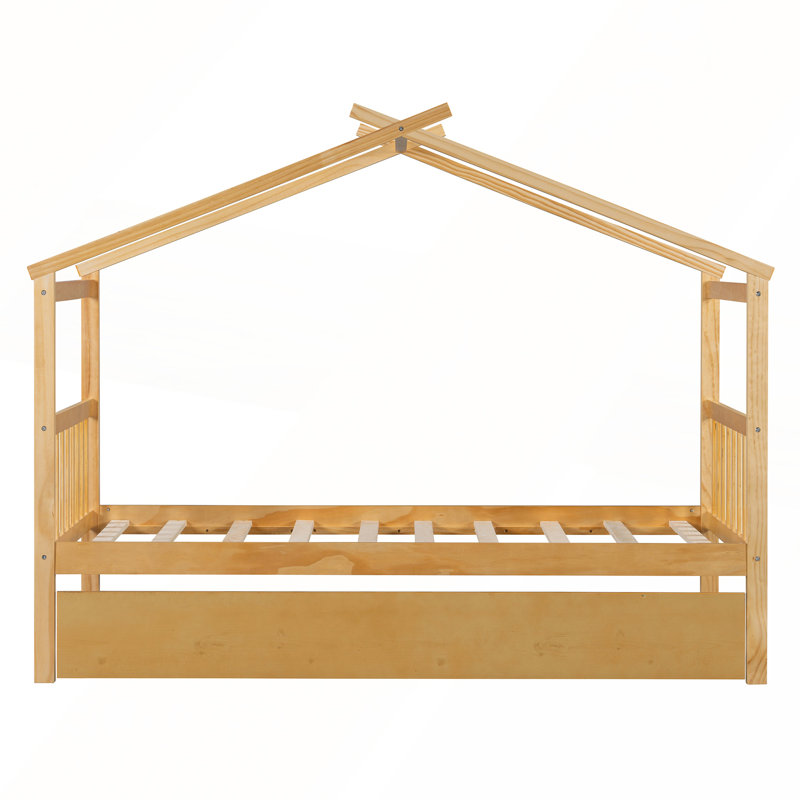 Twin Size Wooden House Bed with Trundle, Natural Finish for Extra Sleeping Space and Stylish Room Decor