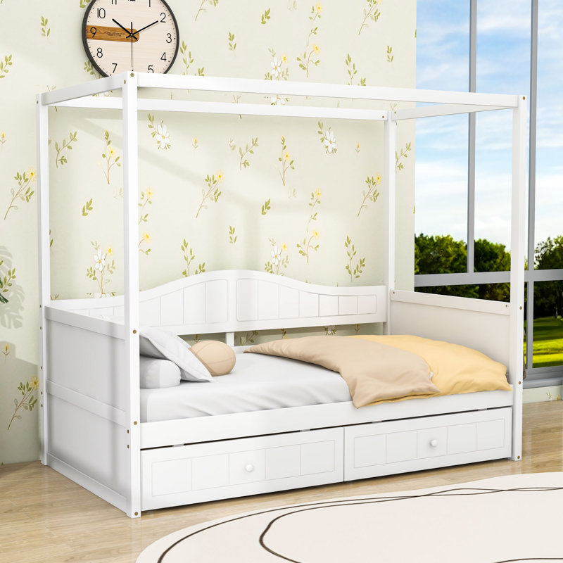 2 Drawers Twin Wood Canopy Daybed, White