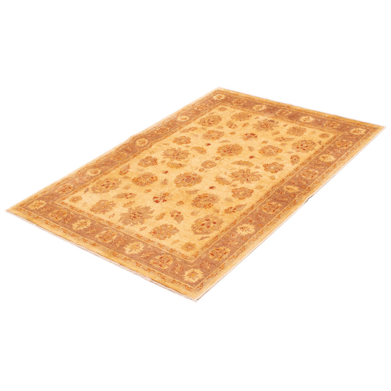 Tapis crème / brun en laine noué à la main de conception unique 5 pi 2 po x 7 pi 7 po Vesile