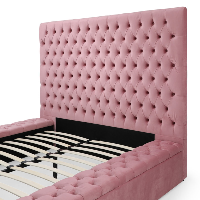 Lit plateforme tapissier Mikara, Rose, Grand