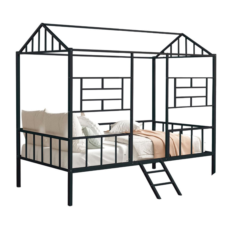 Lit superposé simple noir de style contemporain avec structure de toit, structure métallique complète et conception de maison