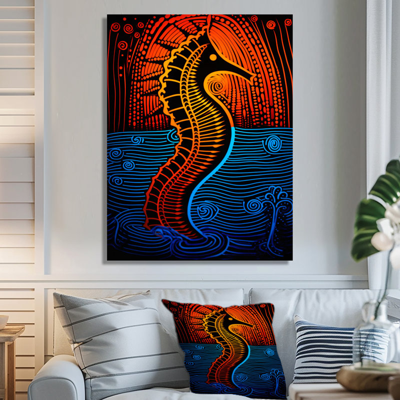 Majestic Minimal Seahorse In Red And Blue - Seahorse Animal Wall Art Print, 20" H x 12" W x 1" D, Wrapped Canvas