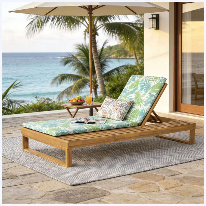 4-Position Adjustable 2-Fold Acacia Wood Outdoor Chaise Lounge with 1.57-Inch Leaf Coconut Cushion for Patio Poolside Backyard Garden, Teak Finish (Only one lounge chair included)