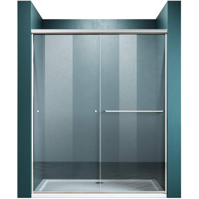 Portes de douche coulissantes 60 po x 72 po à double dérivation, cabine de douche en verre nickel brossé transparent de 1/4 po
