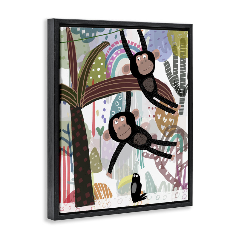 Cadre flottant Exotic Monkey & Toucan, design par Carla Daly, Cadre flottant noir de jais, H 21 po x l 17 po