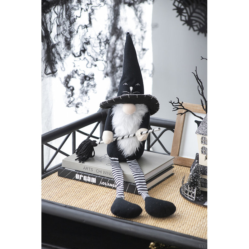 Gnome noir en tissu de 4,3 po x 4 po x 26,8 po avec manche à balai et longues pattes, pour la décoration d'Halloween