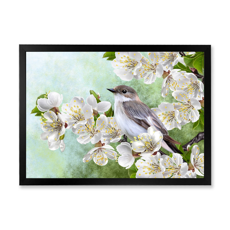 " Grey Bird On A Branch Of A Blossoming Tree " Painting Print, Black Picture Frame, 24" H x 32" W x 1" D