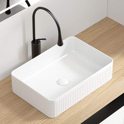 Bathroom Vessel Sink - Rectangular White Ceramic, Deep Bowl, Splash Minimizing, Efficient Drain, 19.73 In Deep, 23.25 Lb Weight