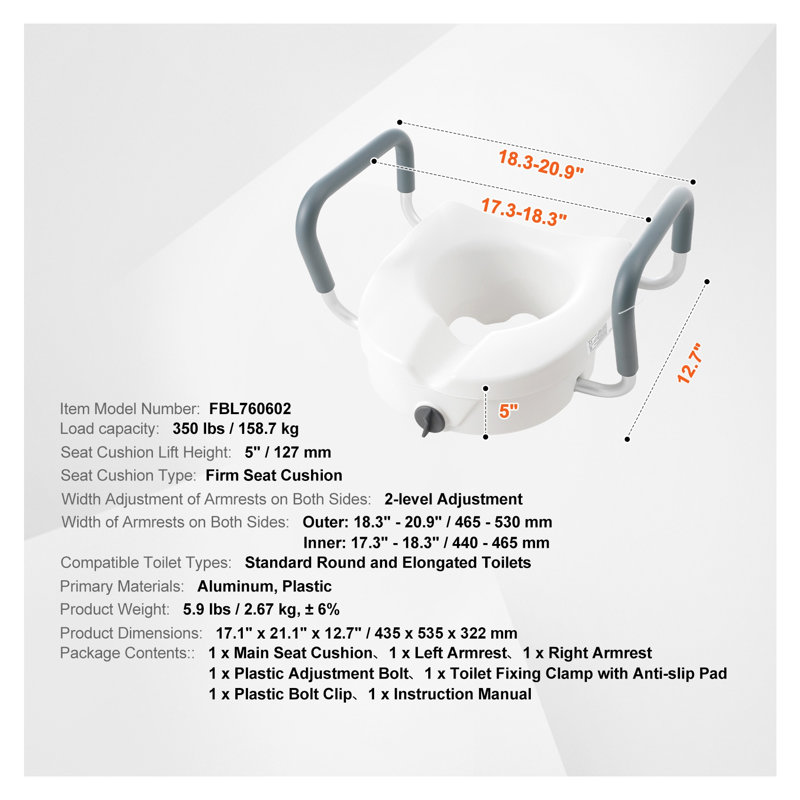 5-Inch Raised Toilet Seat with Handles - Adjustable Width & Twist Lock Installation for Elderly, Handicap, and Seniors