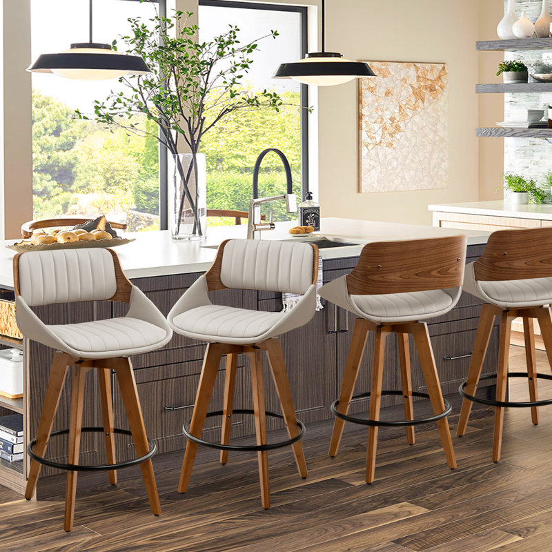 Tabouret de bar pivotant en similicuir 19,1 po avec structure en bois massif Jobani , Gris