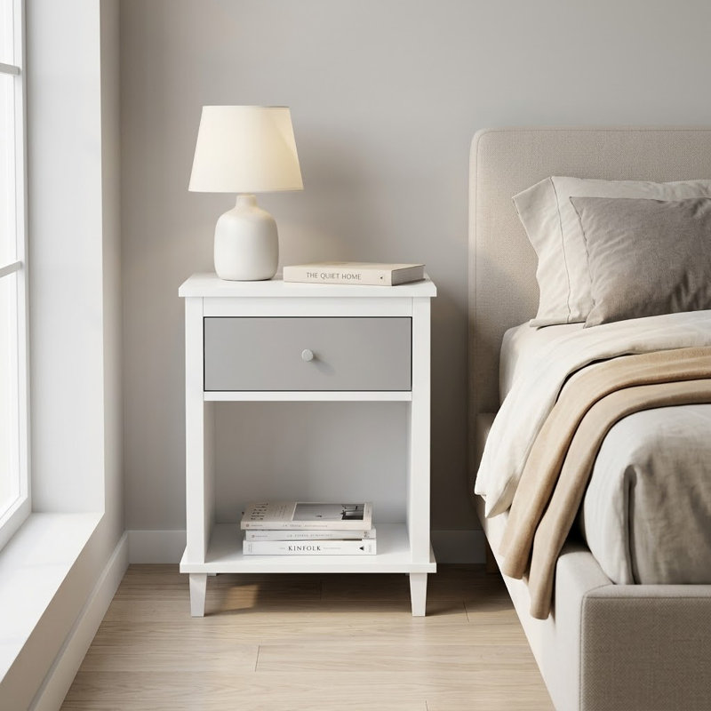 Table de chevet moderne avec tiroir et tablette ouverte, Blanc / Gris