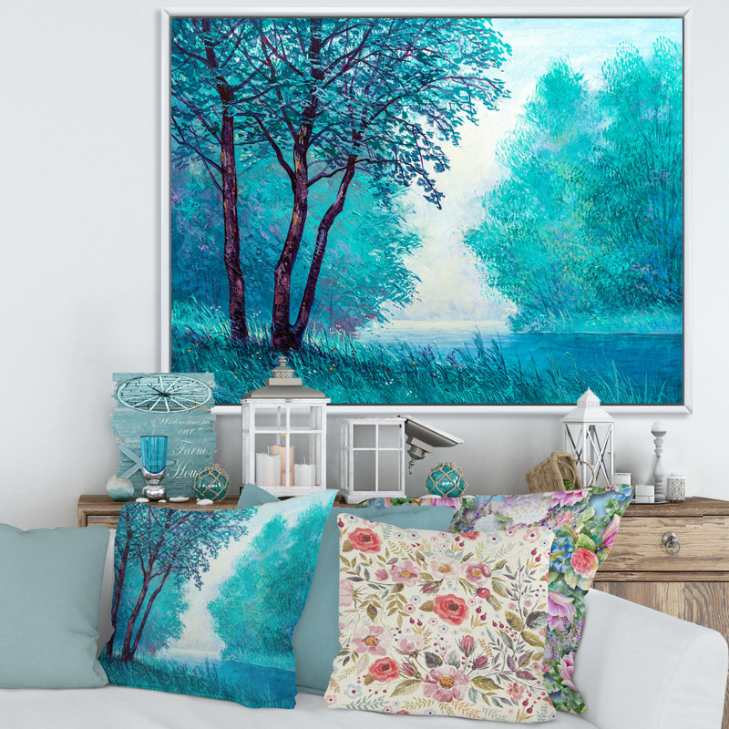 «Blue Colored Tree Impression III», peinture sur toile, H 16 po x l 32 po x p 1 po, Cadre flottant blanc