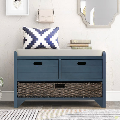 Banc de rangement avec panier amovible et 2 tiroirs, banc à chaussures entièrement assemblé avec coussin amovible