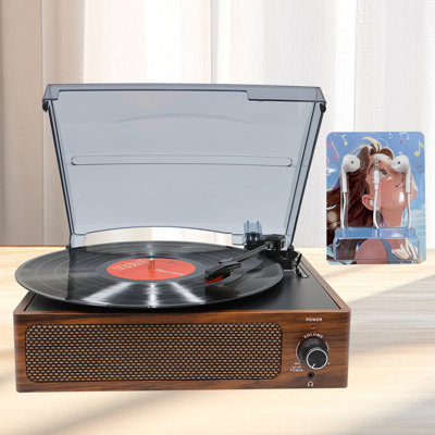 Platine vinyle CrosAudio Vintage en noyer, 3 vitesses, haut-parleurs stéréo intégrés, Bluetooth, sortie de ligne RCA et prise casque 3,5 mm, casque filaire inclus.