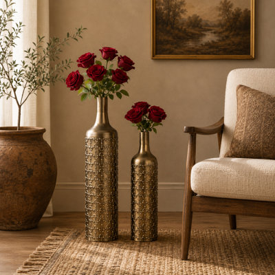 Cole and Grey Metal Brass Decorative Vase with Embossed Umbrella Detailing Set