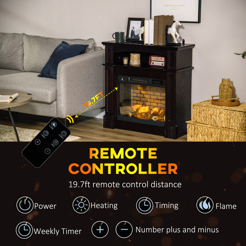 32" Brown Electric Fireplace with Mantel, LED Log Flame, Shelf & Remote Control
