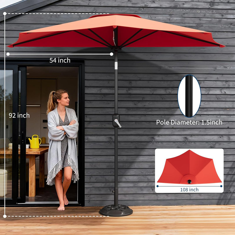 Parasol de marché demi-rond 9 pi avec levier à manivelle et bouton-poussoir inclinable en rouge 9 pi, Rouge