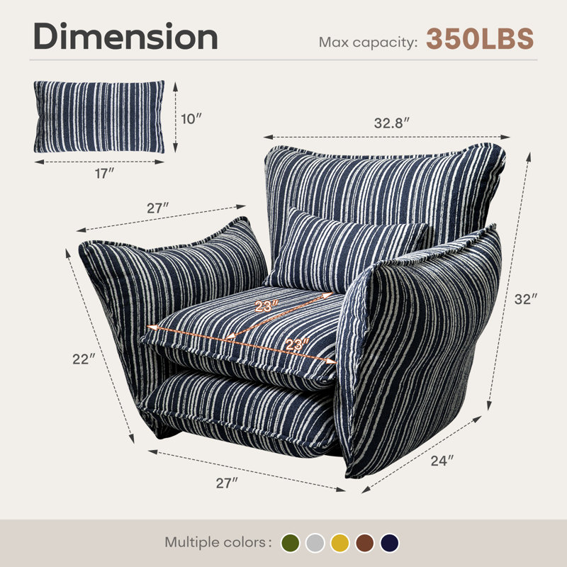 Oversized Chenille Accent Chairs Set of 2 with Lumbar Pillow, Wide Armrests and Deep Seat 7 Inch High Density Foam for Living Room Bedroom, 350 lbs, Blue Single Sofa Armchair
