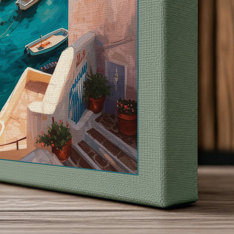 Mediterranean Clifftop Village Coastal - Wrapped Canvas, 18x12 - 45.7 x 30.5 cm, Sage Border
