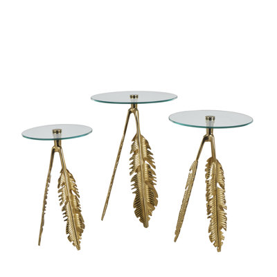 Onesimos Aluminum Metal Leaf Side End Accent Table with Tripod Legs and Tempered Glass Top Set