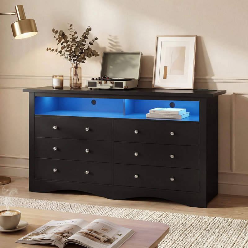 Modern 6-drawer Dresser For Bedroom With Open Storage Shlef,52" Large Drawer Dressers With Charging Station & Led Lights,tv Stand,wood Chest Of Drawers For Living Room